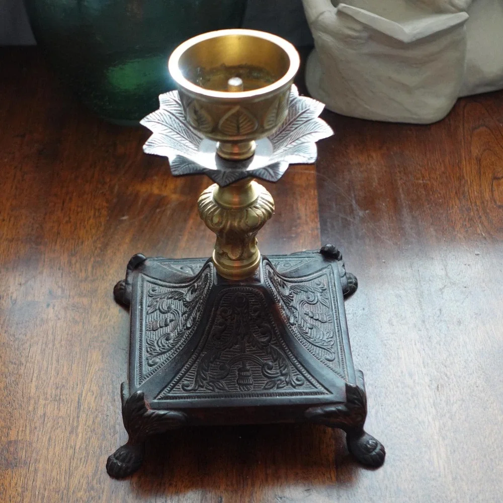 Vintage‎ Ornate Brass Cast Iron Candle Holder Claw Foot Victorian Gothic 9in